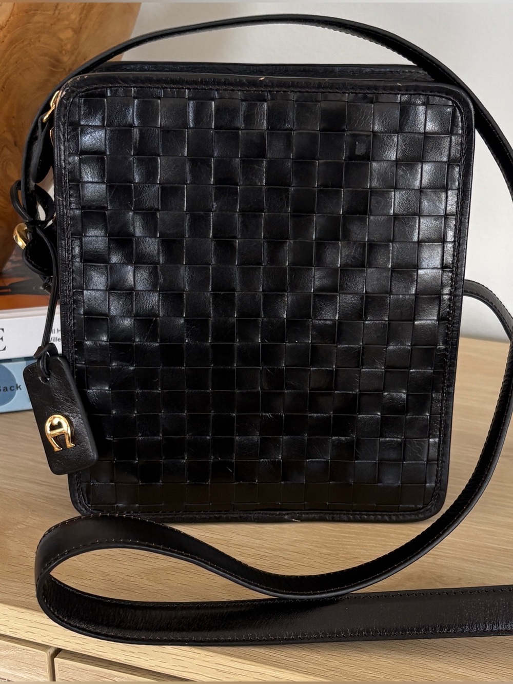 ETIENNE AIGNER Black Woven Leather Crossbody Bag